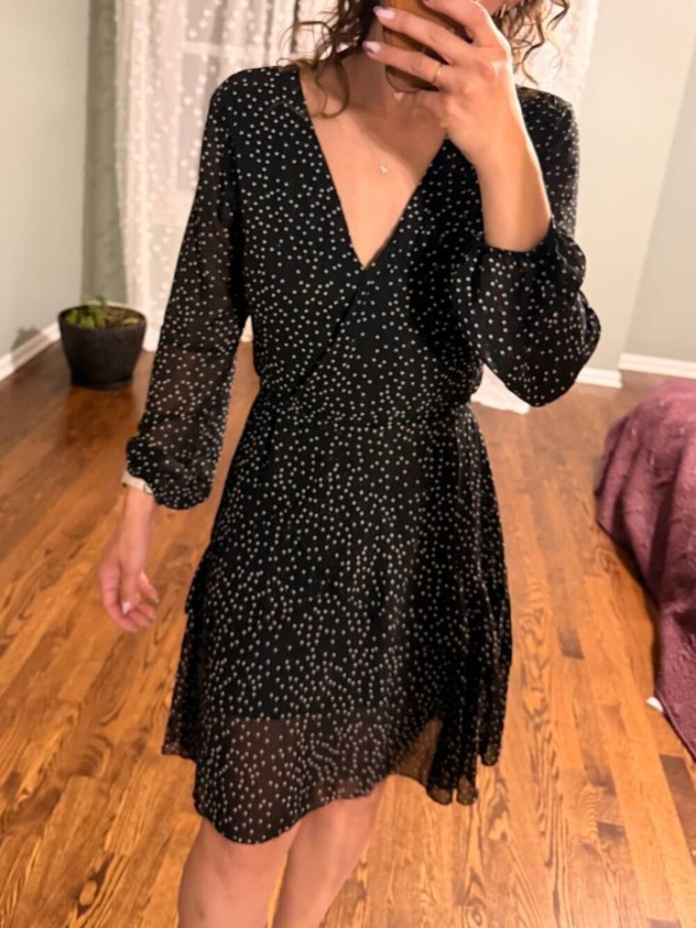 Black & White Polka Dot Long-Sleeve Mini Dress